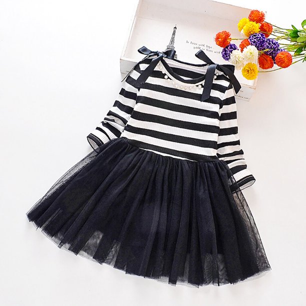 Vestido de malla de punto a rayas para niños, ropa de manga larga con lazo, rebordear, cumpleaños de primavera zhangyuxiang unisex