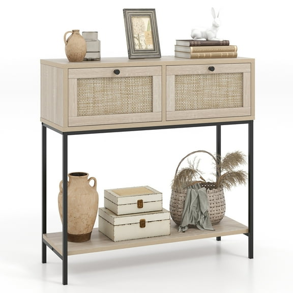 Costway Rattan Console Table with 2 Rattan Drawers & Open Storage Shelf Metal Legs Oak