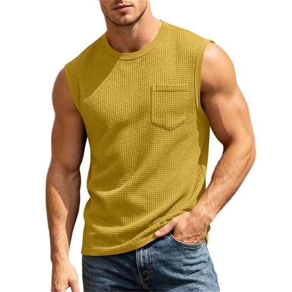 Muscle Shirt for Men Sleeveless Crew Neck Solid Color Sports Athletic Pullover Tee with Pocket Fathers Gift