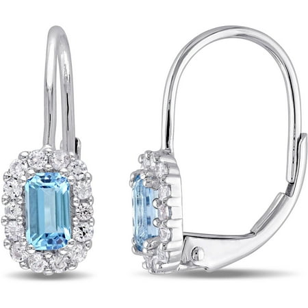 Tangelo 1 Carat T.G.W. Swiss Blue Topaz and White Sapphire 10kt White Gold Octagon Halo Leverback Earrings