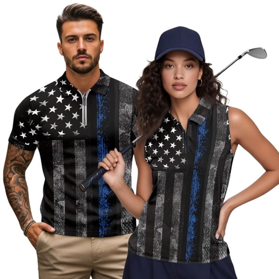 Jeiento Matching Golf Shirts for Couples Men's Short Sleeve Shirt Women's Sleeveless Tank Top Quick Dry Moisture Wicking Athletic Couple Sportswear, Thin Blue Line American Flag Print