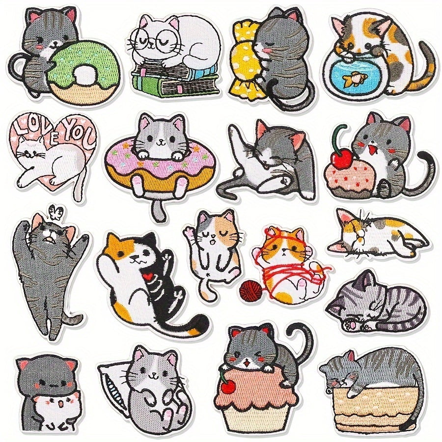 1 set of cute cartoon cat embroidered cloth patches | Hot melt adhesive animal patches | DIY clothing accessories | Computer embroidered badges