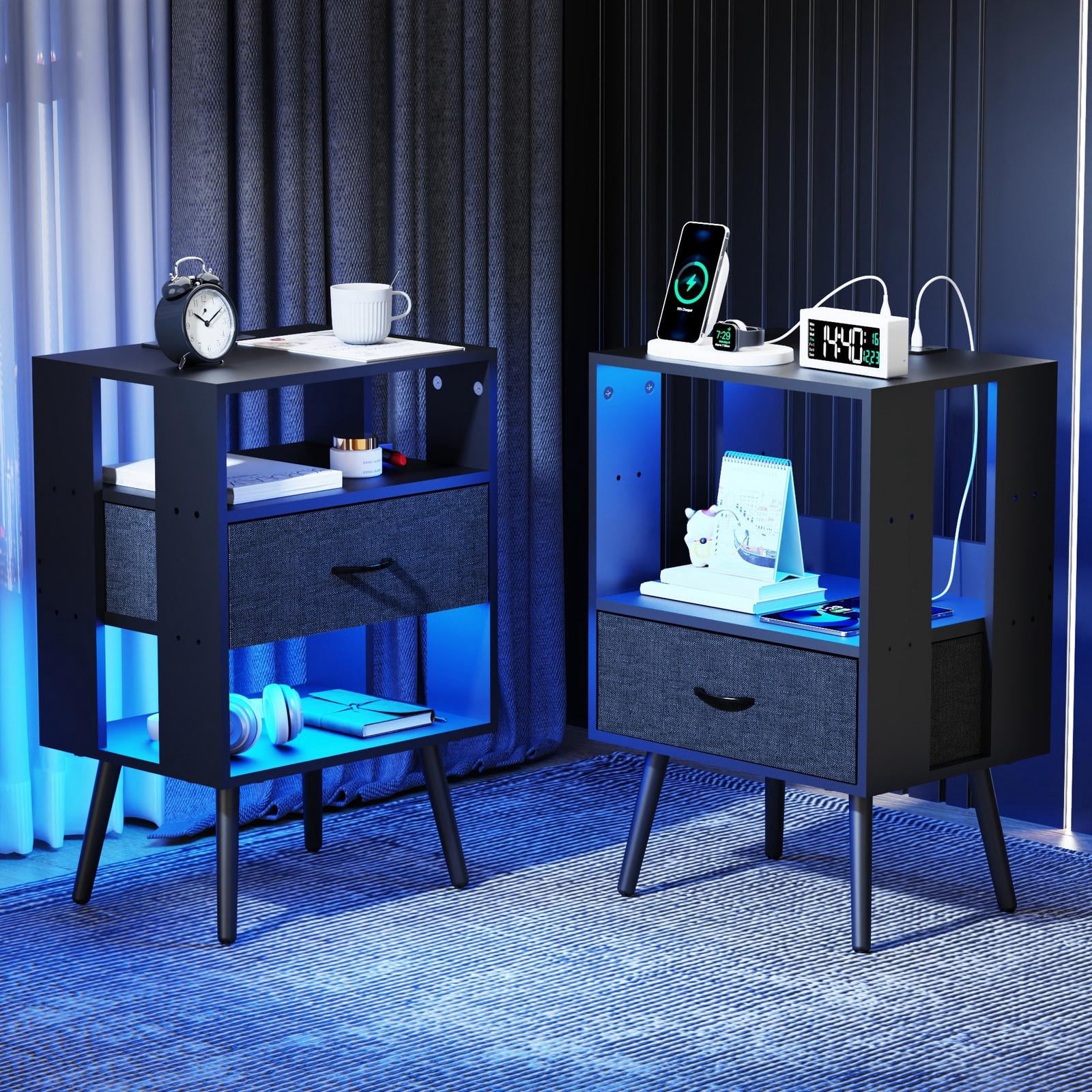 Nightstand Set of 2, Holaki Nightstand with Charging Station for Bedroom, Night Stand with LED Light & Fabric Drawers, Dresser Bedside Table for Living Room, Black