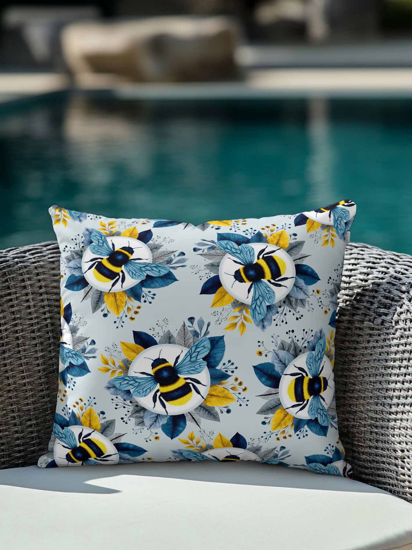 1 Pack Outdoor Throw Pillow, Gray Blue Bees Farmhouse Waterproof Pillow with Insert Included, Spring Summer Botanical Flowers Decorative Accent Cushion Sofa Pillows for Patio Porch, 16 x 16 In