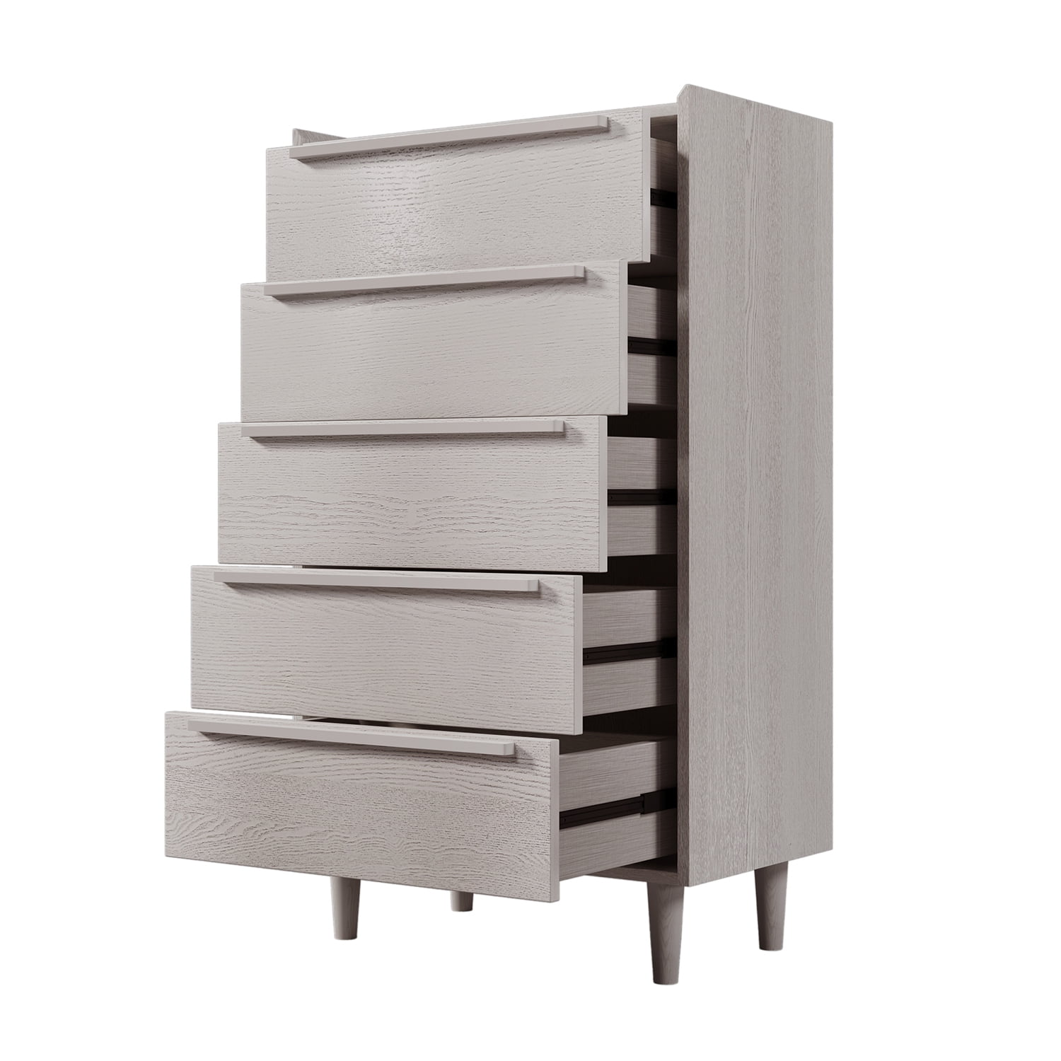 Kadyn MDF Side Table, Modern Style Nightstand with 5-Drawer and Wood Legs, Bedside End Table for Bedroom, Stone Gray