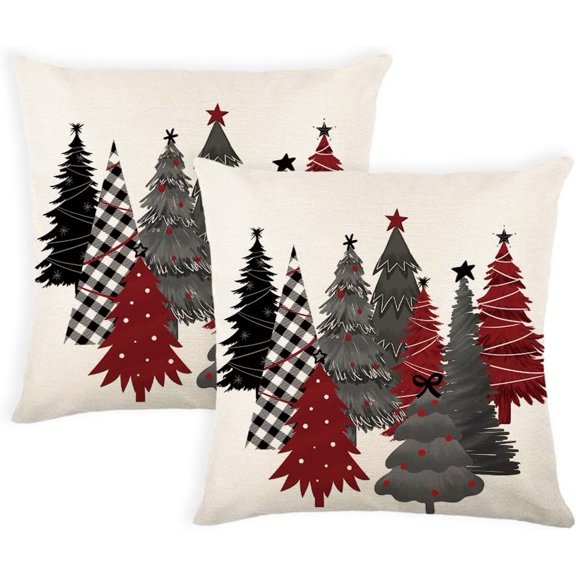 Christmas Winter Pillow Covers 18x18 Inch Set of 2 Red and Black Xmas Trees Decorative Throw Pillow Cover Watercolor Nature Forest Decoration Holiday Farmhouse Pillow Case for Home Sofa Decor White