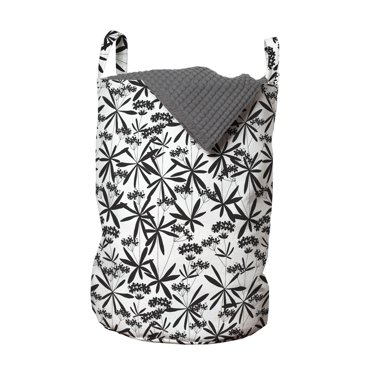 Floral Laundry Bag, Silhouettes of Garden Burgeoning on Streaks Inky Sketch Artwork, Hamper Basket with Handles Drawstring Closure for Laundromats, 13" x 19", Charcoal Grey and White, by Ambesonne