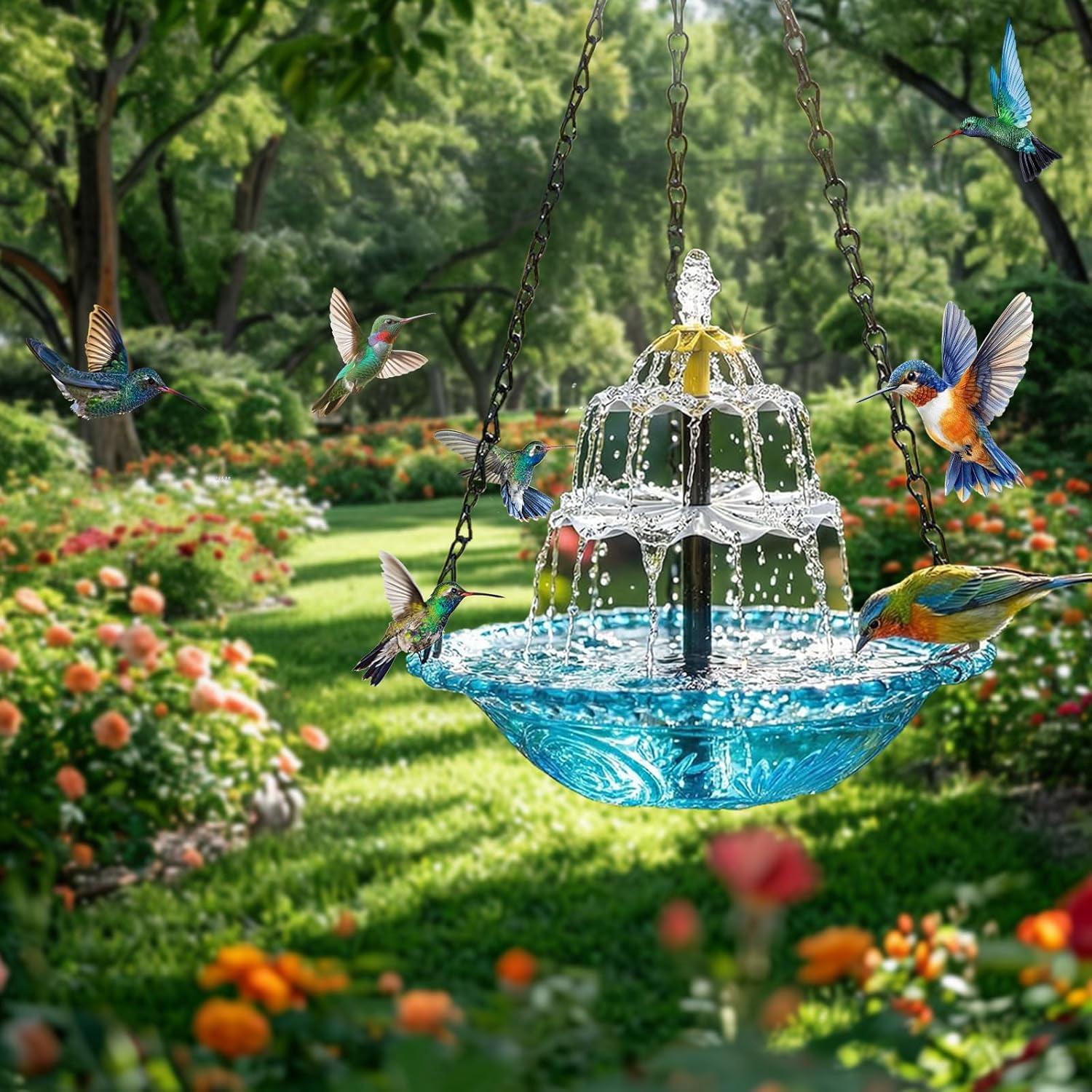 Hanging Solar Bird Bath Fountain – 2026 Solar Powered Cascading Water Fountain, Large Outdoor Fountain for Hummingbirds, Garden, Patio & Backyard Decor