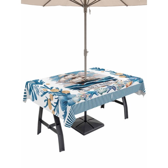 Outdoor Tablecloth with Umbrella Hole for Patio/Picnic/Party/Camping, Ocean Set Sail Waterproof Table Cloth Rectangle Table Cover Washable, Sailboat Sea Waves Blue Coral Coastal Starfish (60"x 102")