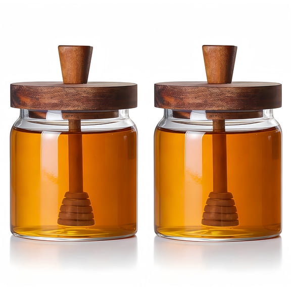2 Pack Glass Honey Jars with Wooden Dippers & Airtight Lids, 400ml Honey Storage Containers