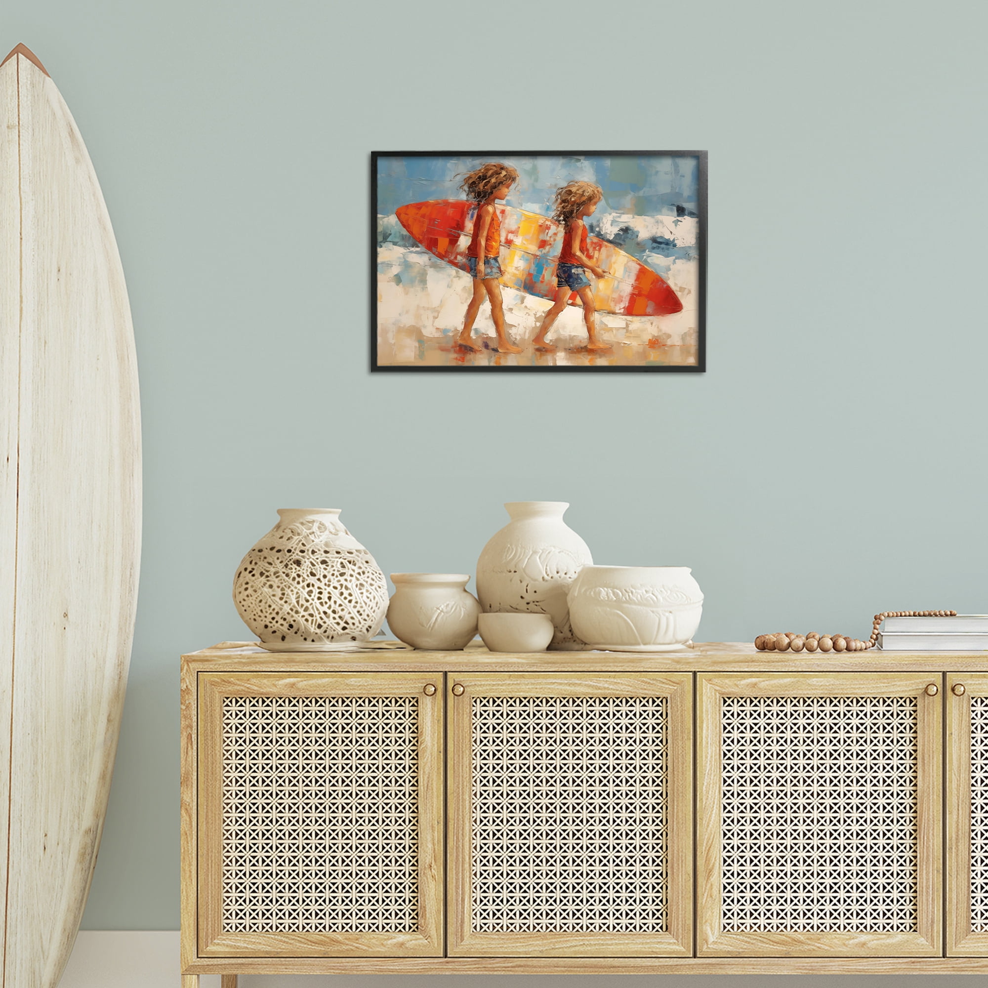 Stupell Industries Kids with Surfboard Sports Painting Black Framed Art Print Wall Art, 24 x 16