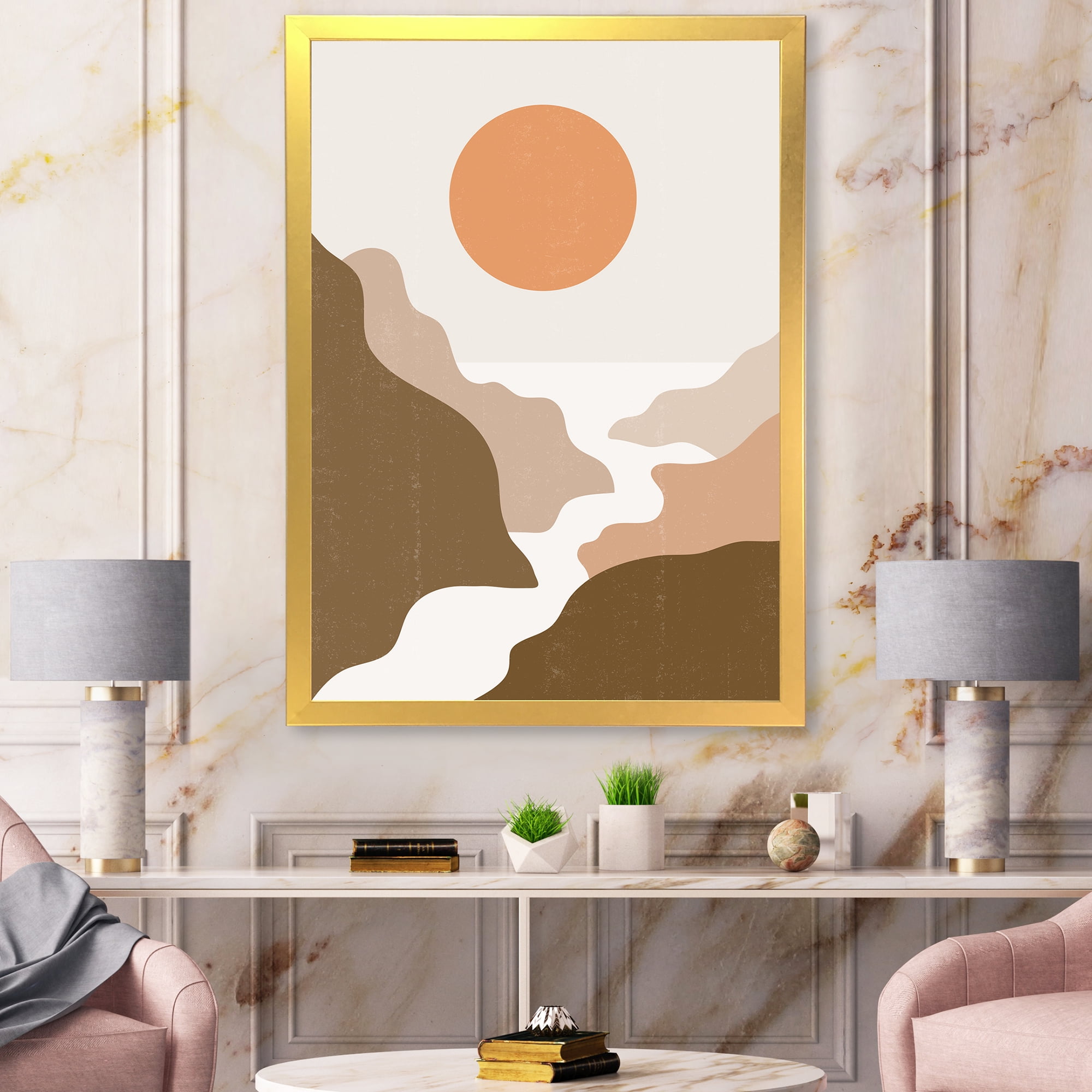 Designart 'Full Moon In Terracotta Tones Mountains' Modern Framed Art Print