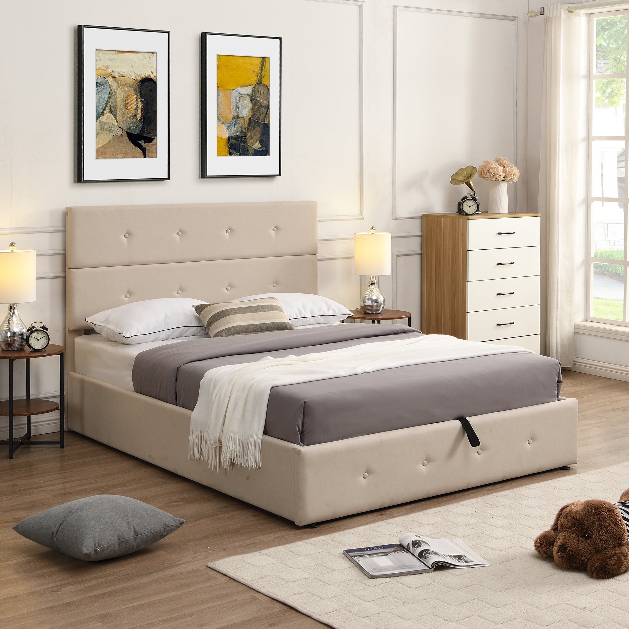 Brown, Full Upholstered Full Size Bed Frame with Under Bed Storage 