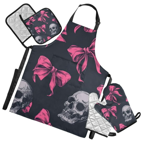 Hot Pink Bows with Skulls Apron Set with Oven Mitts Pot Holders Set of 5 Kitchen Stuff Accessories