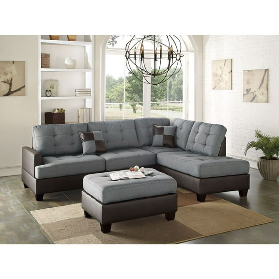 Sectional Sofa Set 3 Piece Modern Fabric Couch with Ottoman Gray