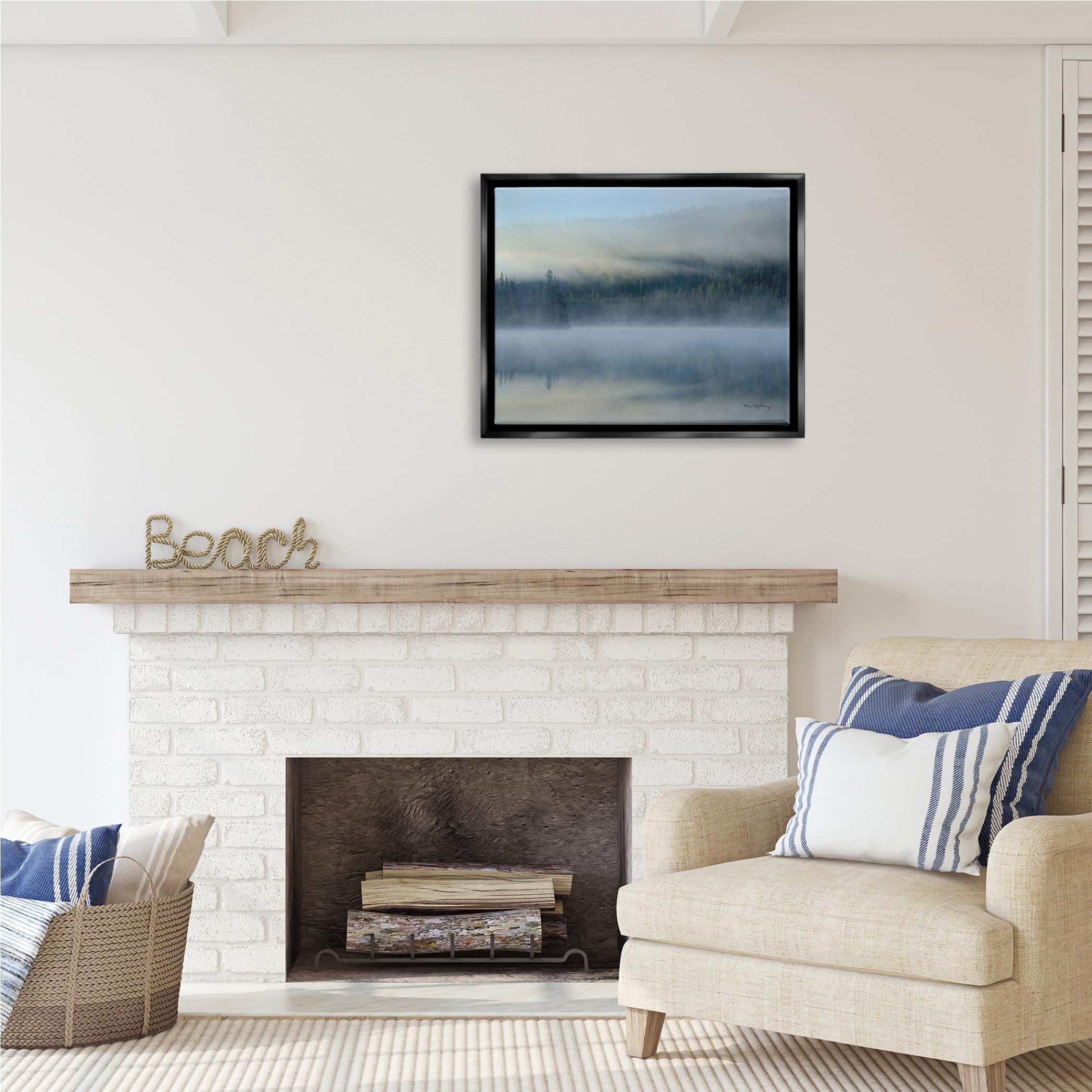 Stupell Industries Foggy Mountain Lake Scenery Nature Photography Black Floater Framed Art Print Wall Art, 31 x 25