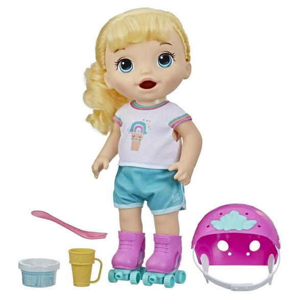 Baby Alive Roller Skate Baby Doll, 12-Inch Toy for Kids Ages 3 and Up, Eats and “Poops,” Doll with Roller Skates, Blonde Hair