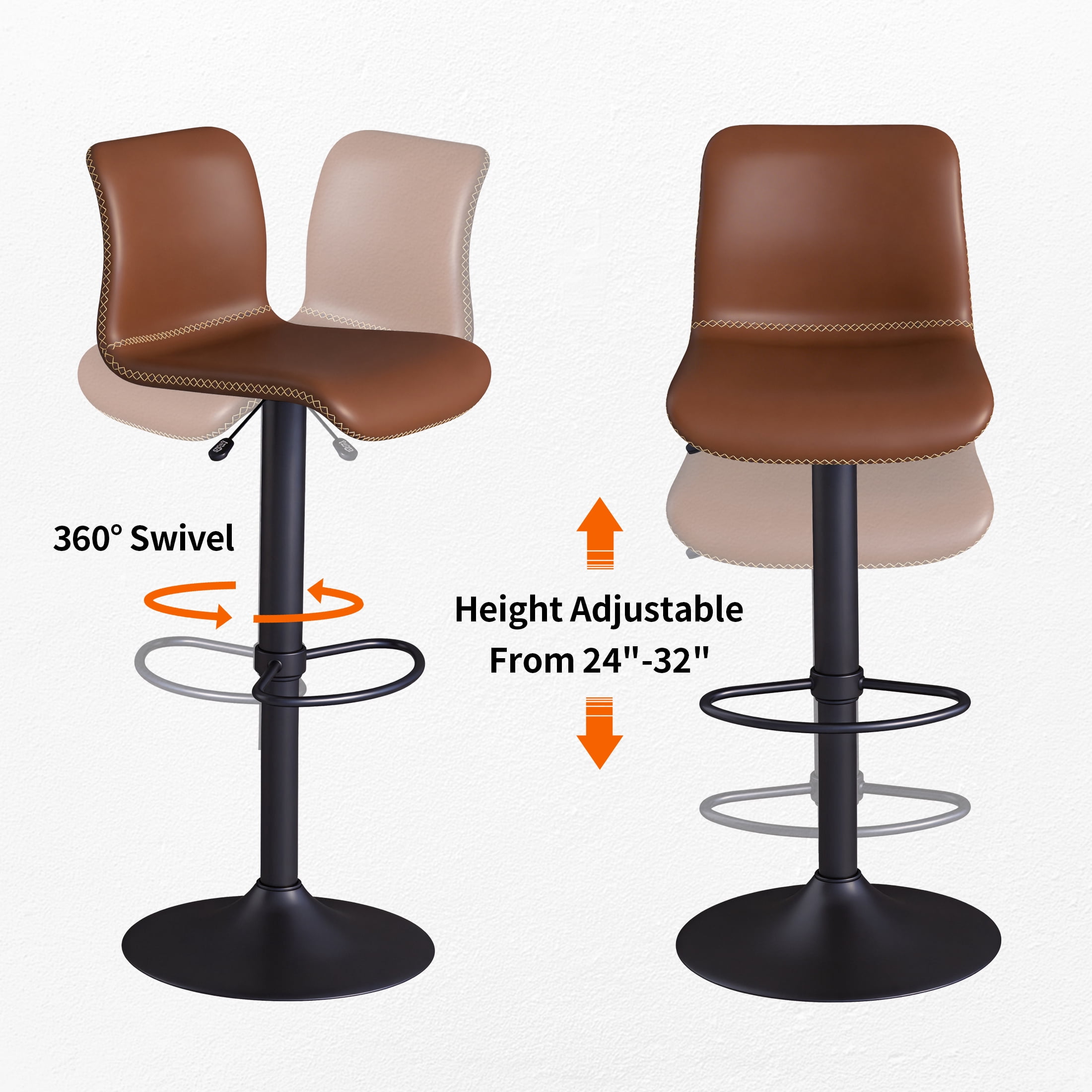 FIRAVOE Bar Stools Set of 6, Swivel Bar Height Bar Stools with Ergonomic Back, Adjustable Barstools 24" to 32", Faux Leather Bar Chairs for Kitchen Island, Brown