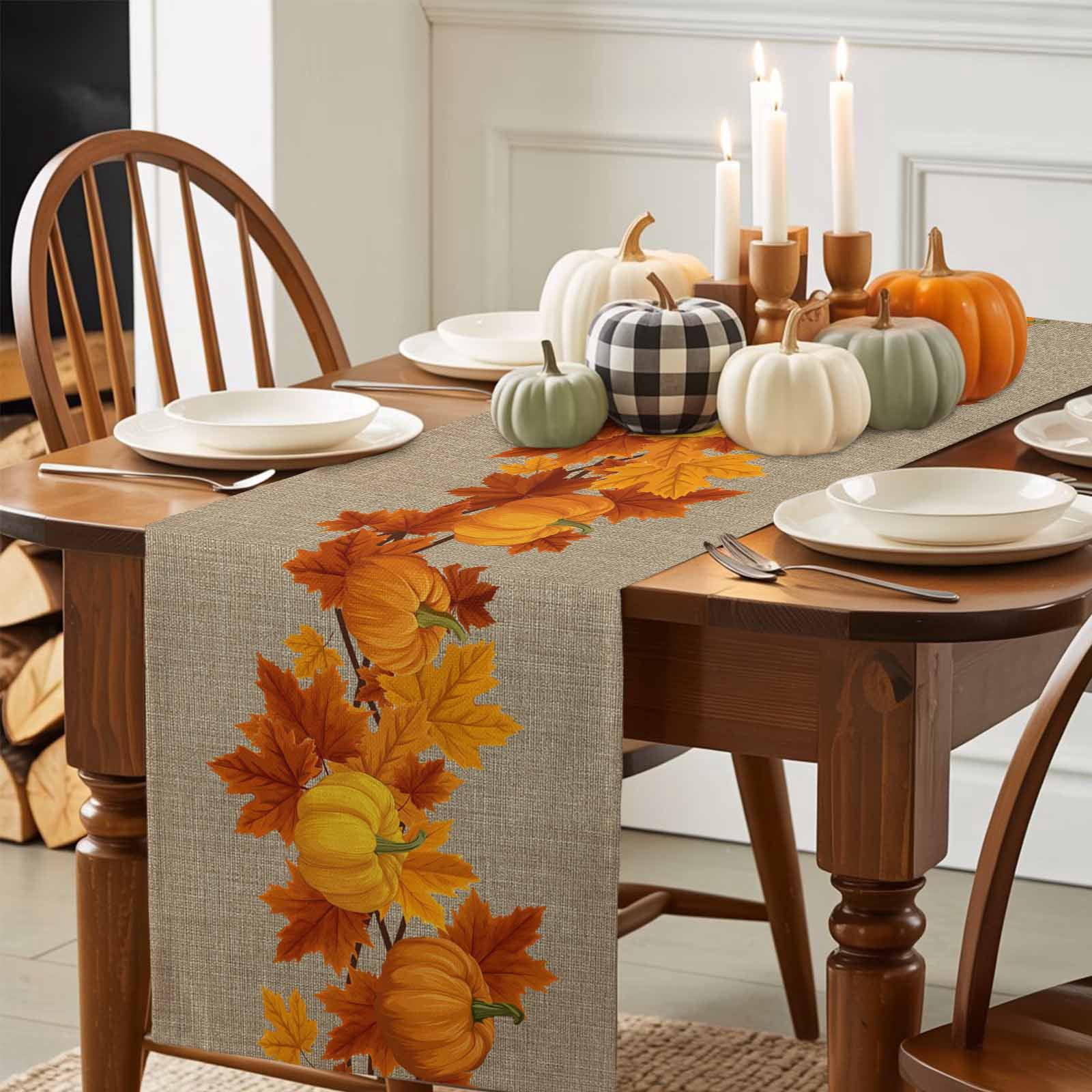 Fall Thanksgiving Cotton Linen Table Runner, Washable Table Runners for Kitchen, Dining Room, Holiday, Home Party Table Decor, 13x120 Inches