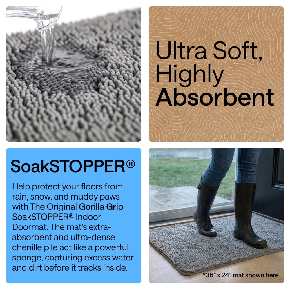 GORILLA GRIP Ultra Absorbent Grippy Doormat for Muddy Dog Paws, 36x24 Machine Washable Soakstopper Rugs Cleaner Floors, Bed Mat for Dirty Dogs, Indoor Entrance Door Rug Pet Bed Mats Grey