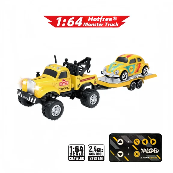 1/64 Mini RC Monster Truck, Metal Off-Road Stomper with Trailer, 2.4GHz Remote Control All-Terrain Vehicle, 3-Speed Adjustable, USB-C Rechargeable, Desktop Play, Indoor Outdoor Racing Toy,