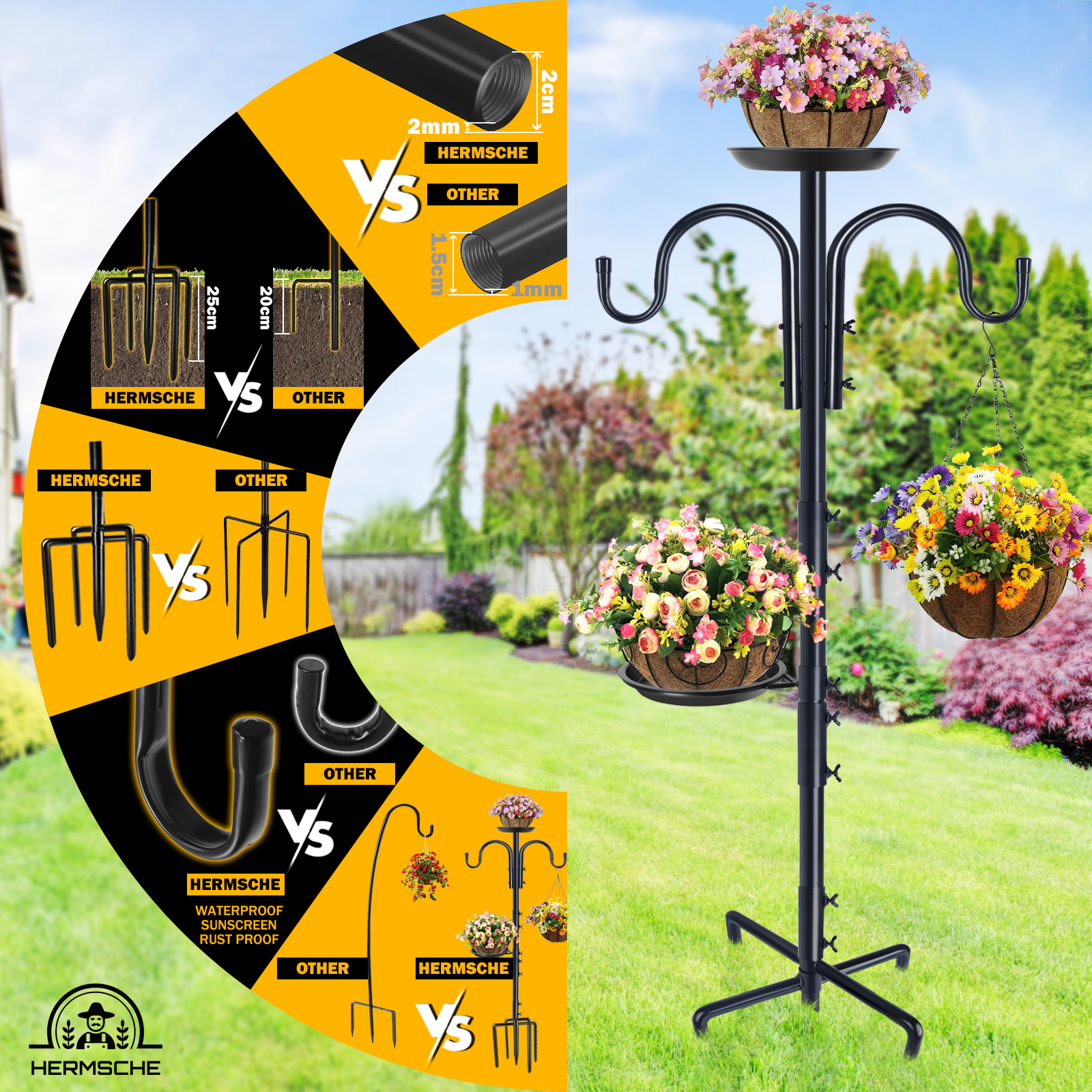 UNHO 2-Pack Heavy Duty Double Shepherds Hooks – Adjustable Height 35-94" For Outdoor Garden Feeders & Plants