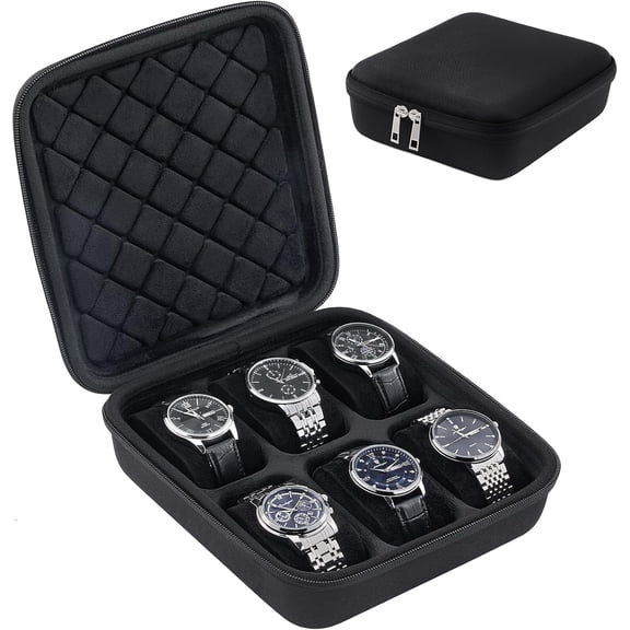 Procase Travel Watch Case, 6 Slots Hard Shell Storage Box for Watch Bracelet Accessories, Zippered Organizer Bag Valentine's Gift for Women Men -Black