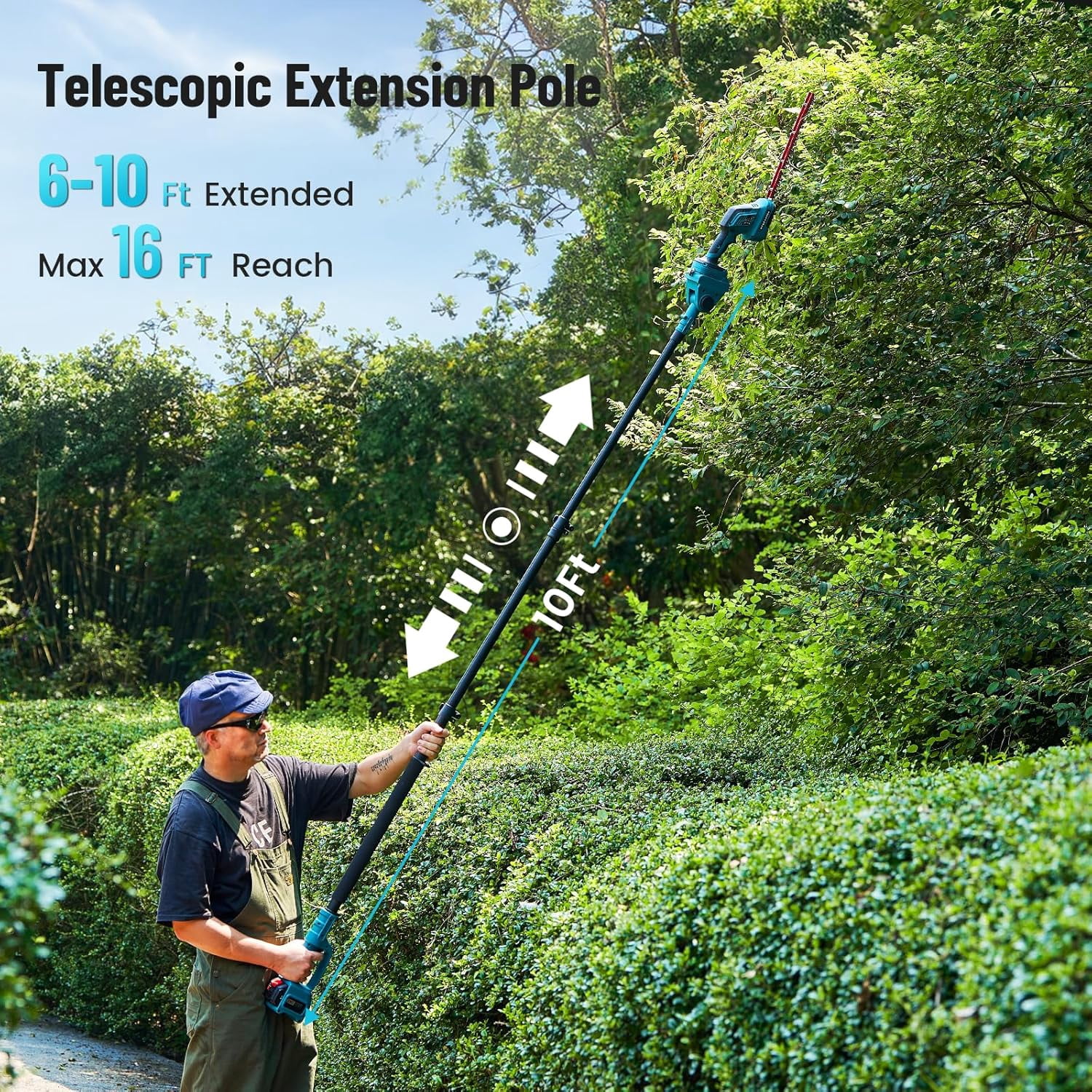 Seesii 3-in-1 Cordless Pole Hedge Trimmer, 21V Electric Hedge & Grass Trimmer with 2*4.0Ah Rechargeable Batteries, 16ft Reach, Extended Pole with 180° Adjustable Angle for High Shrubs, Bush and Grass