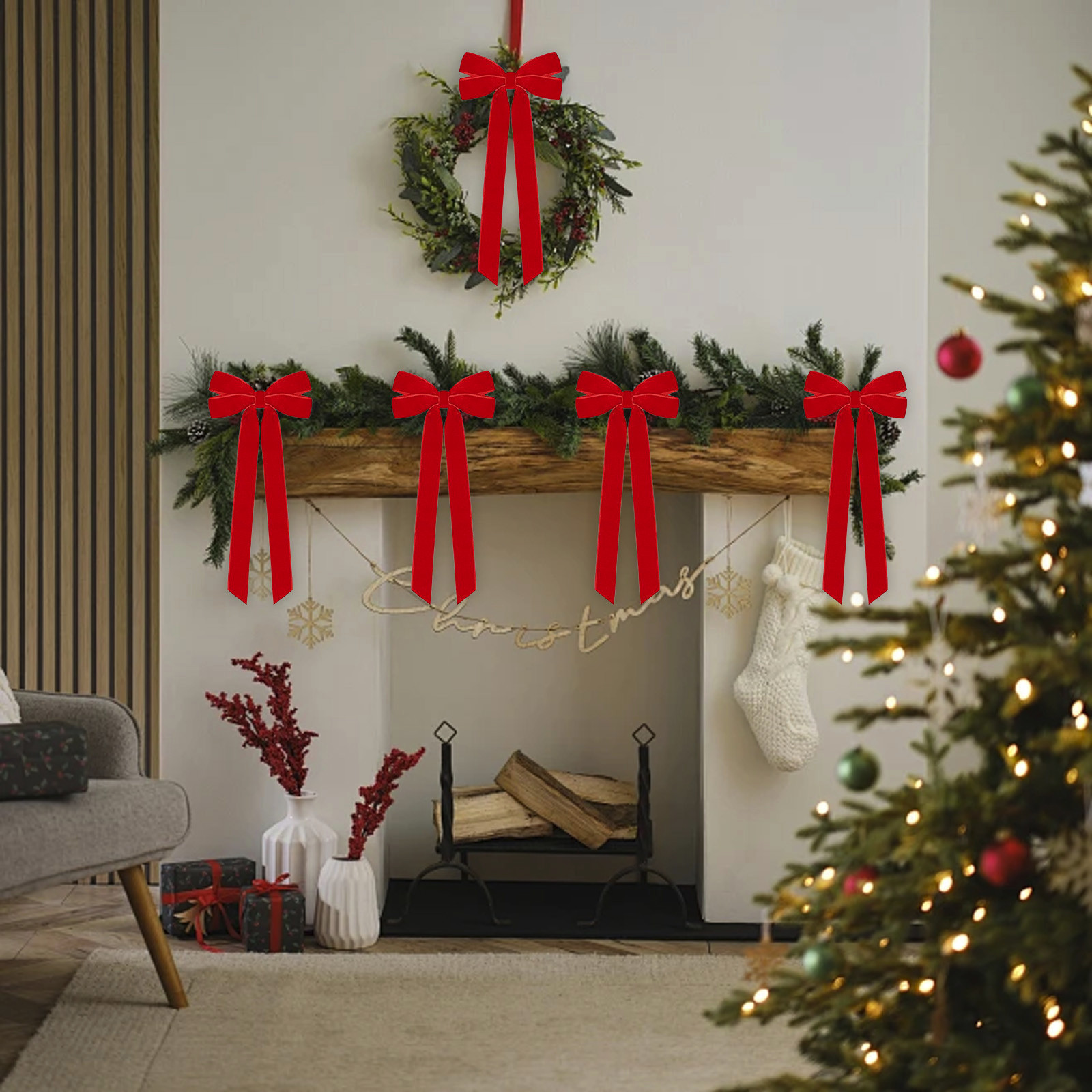 Nœud Couronne Velours Rouge Noël - Décoration Sapin, Porte, Fenêtre, 3 Tailles (14 à 30 Cm)
