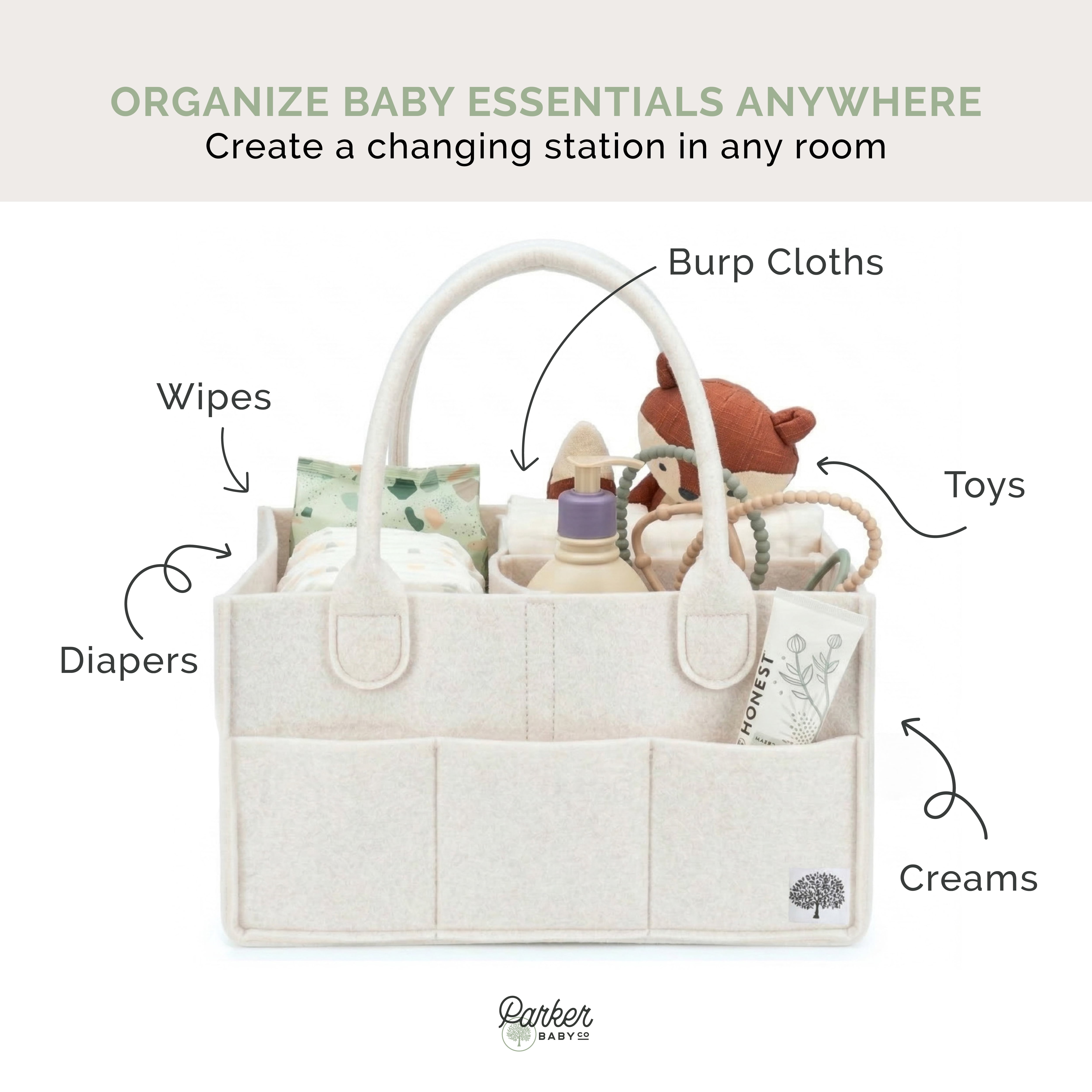 Parker Baby Felt Diaper Caddy Organizer, Portable Nursery Storage Bin with Handles, 3 Compartments & 8 Pockets, Baby Essentials Organizer, White