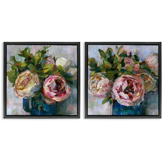 Stupell Industries Impasto Cabbage Roses in Vases Plants & Flowers Painting Black Floater Framed Canvas Art Print Wall Art, 18 x 18, Set of 2