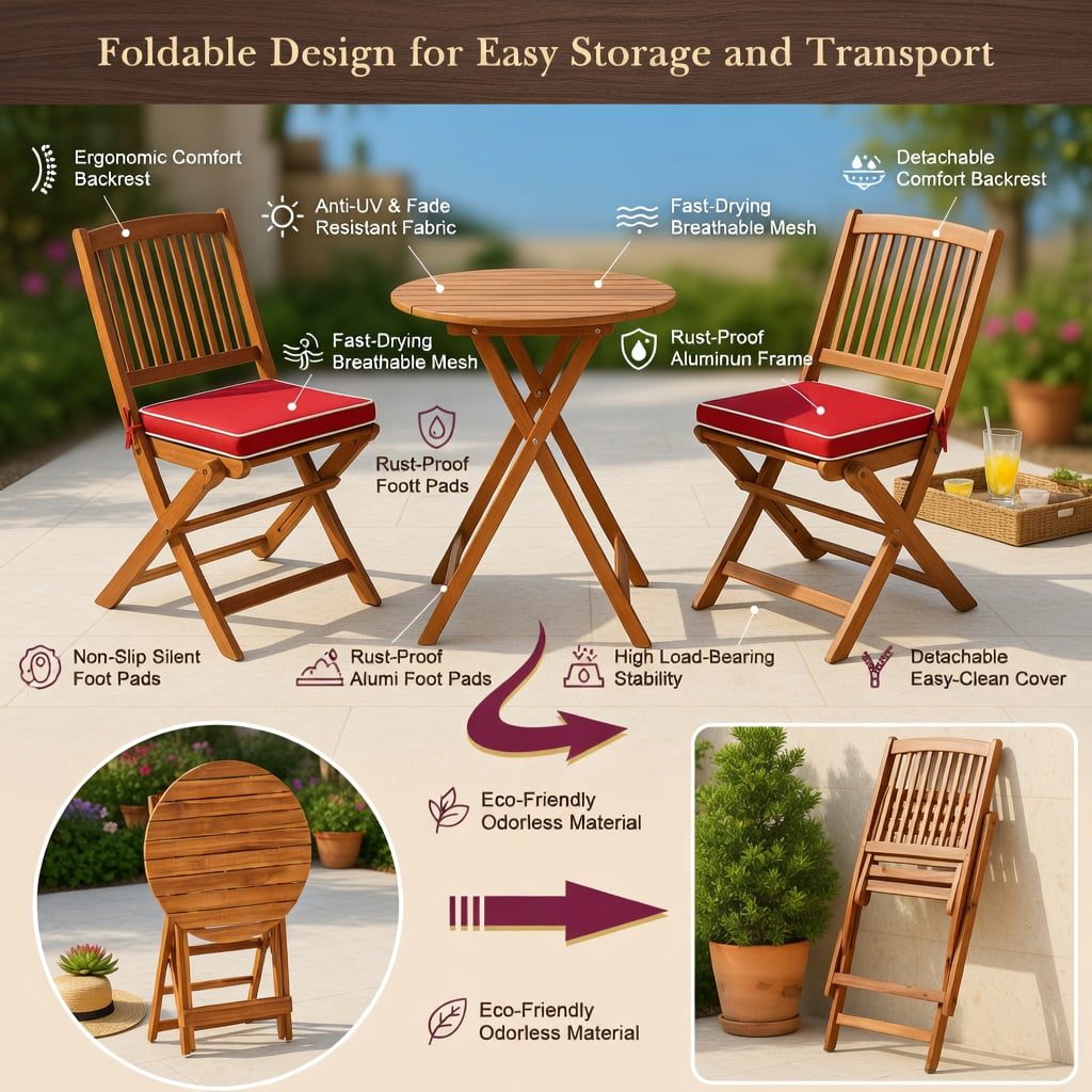Hommoo 3-Piece Foldable Outdoor Bistro Set, Acacia Wood Patio Chairs & Round Coffee Table with Removable Cushions, Red