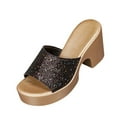 thumbnail image 3 of Women's Wide Width Glitter Platform Mules, Chunky Block Heel Peep Toe Slide Sandals, Comfortable Casual Fall Heels, Black/White, 3 of 10