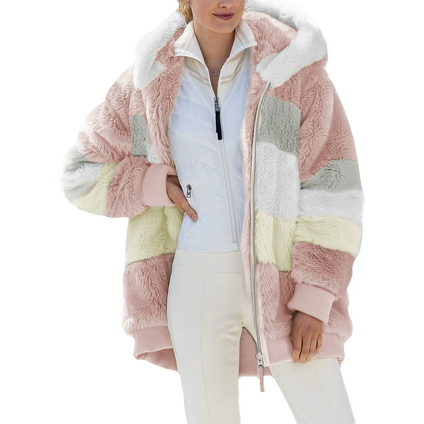 Eytino Womens Fuzzy Fleece Jacket Hooded Color Block Patchwork Cardigan ...