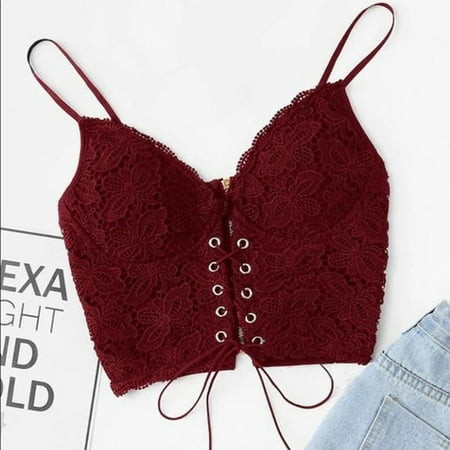 

TANGNADE Women s Eyelet Lace Up Sleeveless Spaghetti Strap Zip Back Crop Camisole Underwear Red + XXL