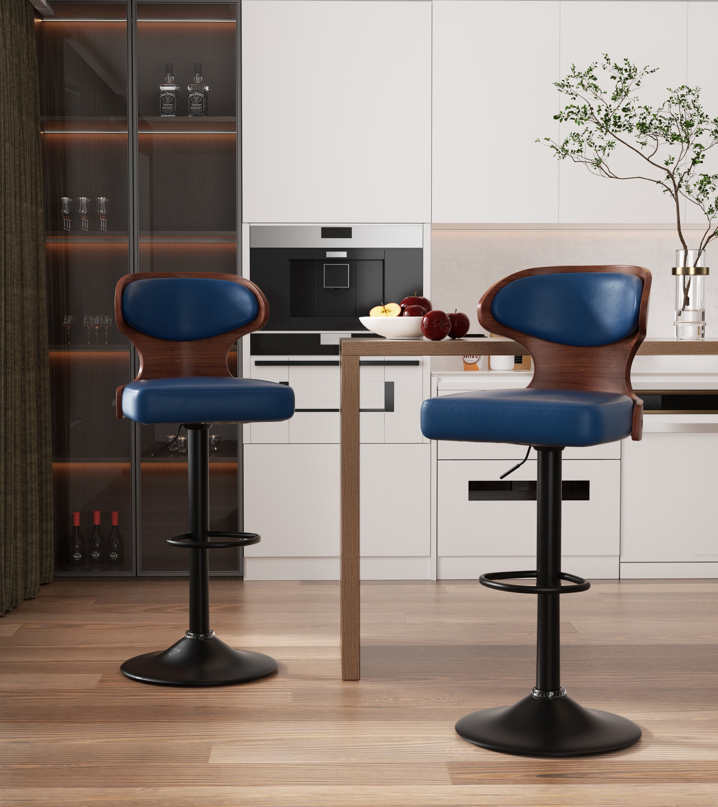 Hawsaiy Bar Stools Set of 1, Adjustable Height 24.5"-33.5", Bentwood Swivel Barstools with Back & Footrest, PU Leather Upholstered Bar Chairs for Kitchen Island, Dining Room, Home Bar