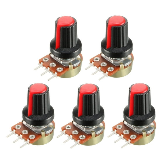 5Pcs, 10K Variable Resistors Rotary Carbon Film Taper Potentiometer w Knobs