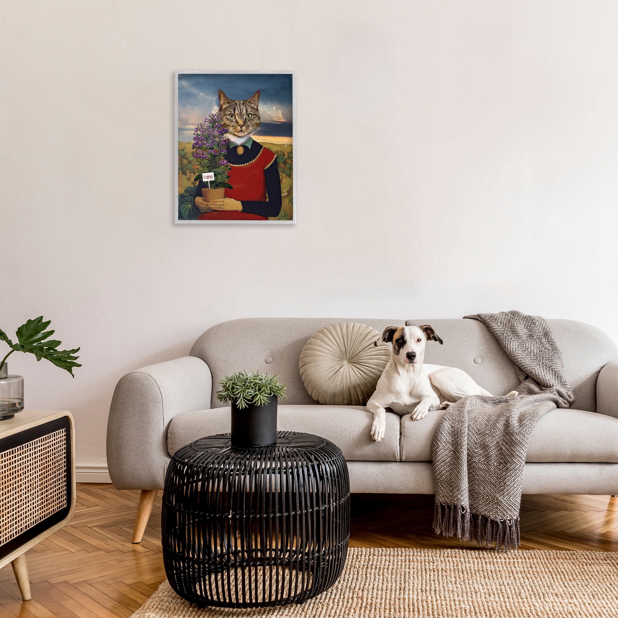 Stupell Industries Gardening Cat with Catnip Animals & Insects Painting Gray Framed Art Print Wall Art, 24 x 30
