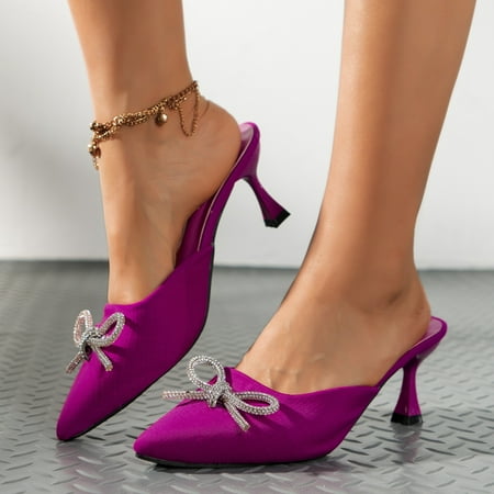 

Women s Slip on Rhinestone Bows Stiletto Heel Sweet Pumps Dress Party Wedding Fashion Shoes