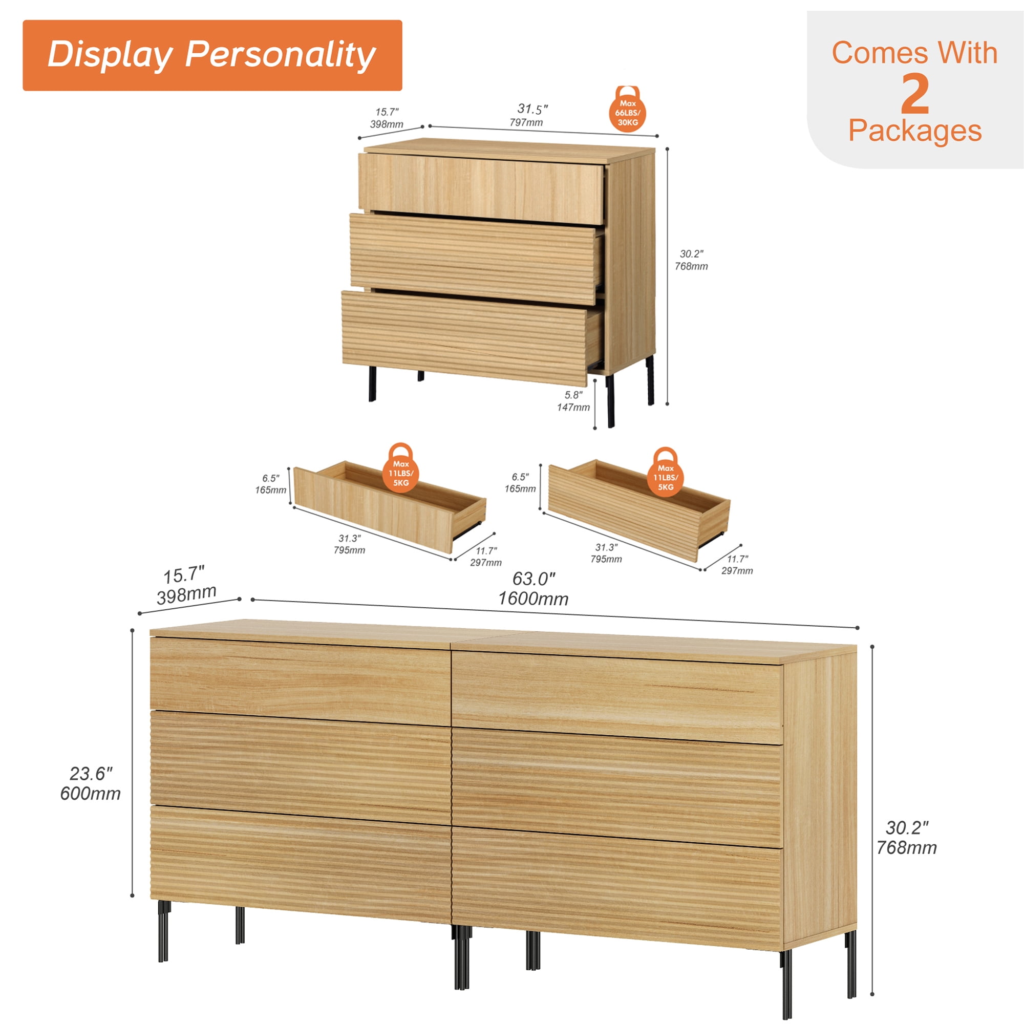3 Drawer Reeded Dresser for Bedroom Set of 2, Minimalist Modern Chest of Drawers, Wood Storage 6 Drawer Dresser Organizer for Bedroom Living Room Hallway Closet
