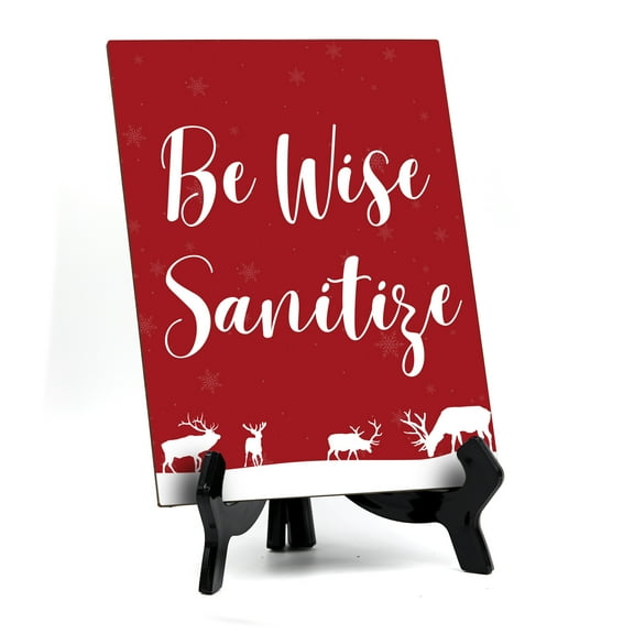 Be Wise Sanitize Sign with Easel, Reindeer Design 6 x 8" (Red)