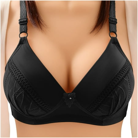 QLEICOM Everyday Bras for Women  Women s Comfort Lift Wirefree Bra Solid Color Comfortable Hollow Out Perspective Bra Underwear No Rims Bras No Underwire Black Cup 42/95C