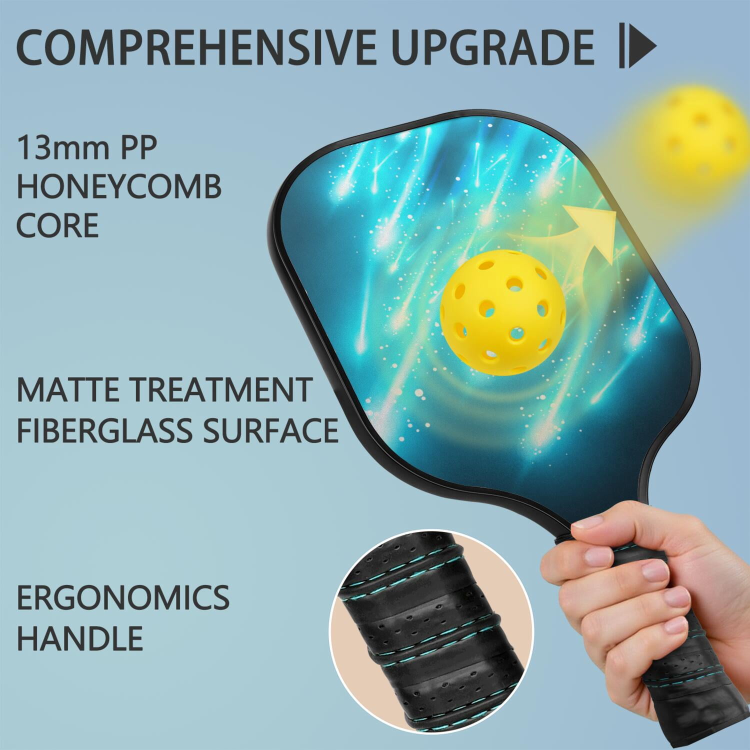 Pickleball Paddles Set Of 1, Fiberglass Surface, Speed, Lightning, Thunder Print, 1 Paddle, 2 Balls & Bag