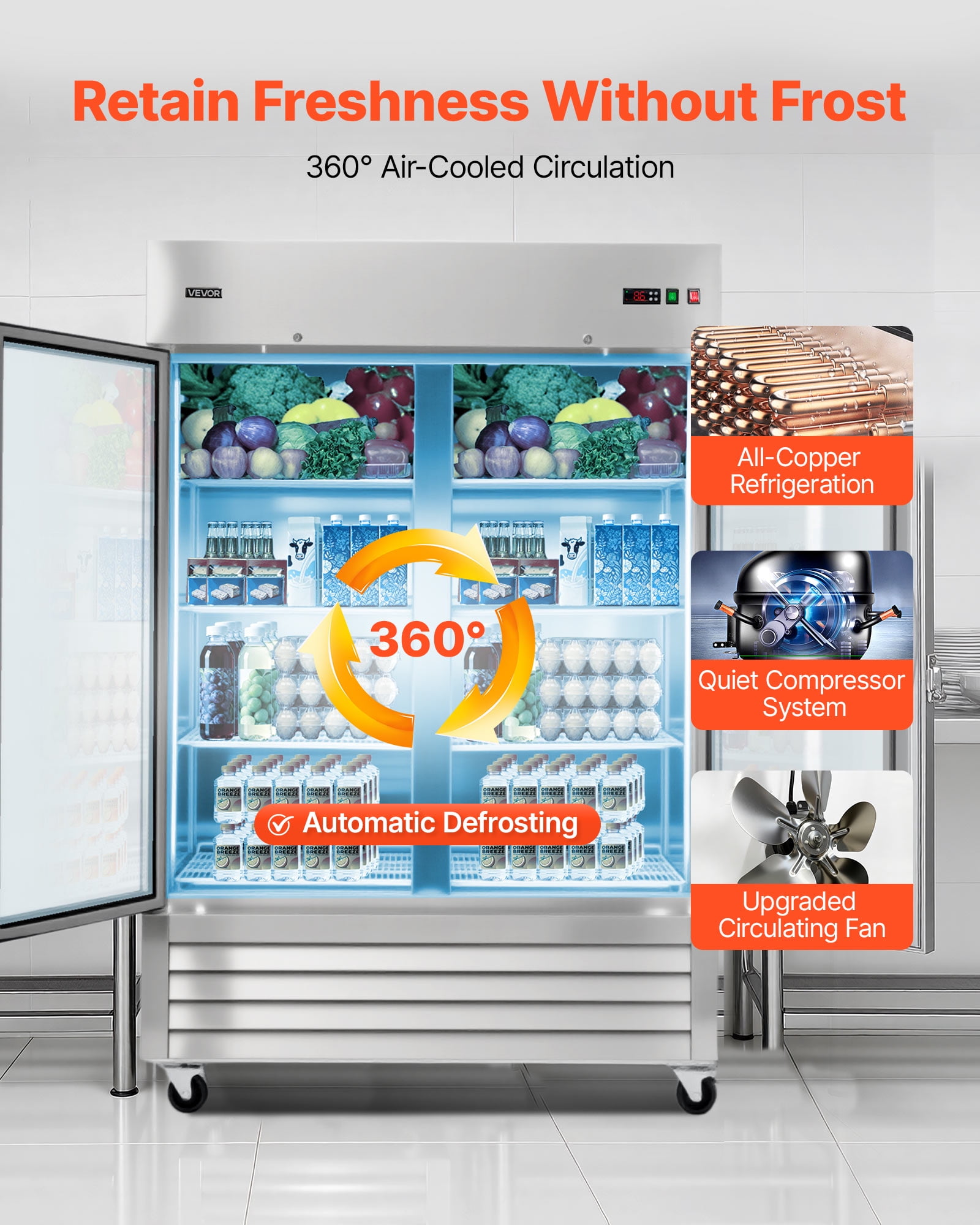 VEVOR Commercial Reach-In Refrigerator 54" W, 44 Cu.Ft Stainless Steel Upright Refrigerator with Double Glass Doors, Auto-Defrost, 8 Adjustable Shelves, 32 to 50℉ Temp Control, ETL Certified