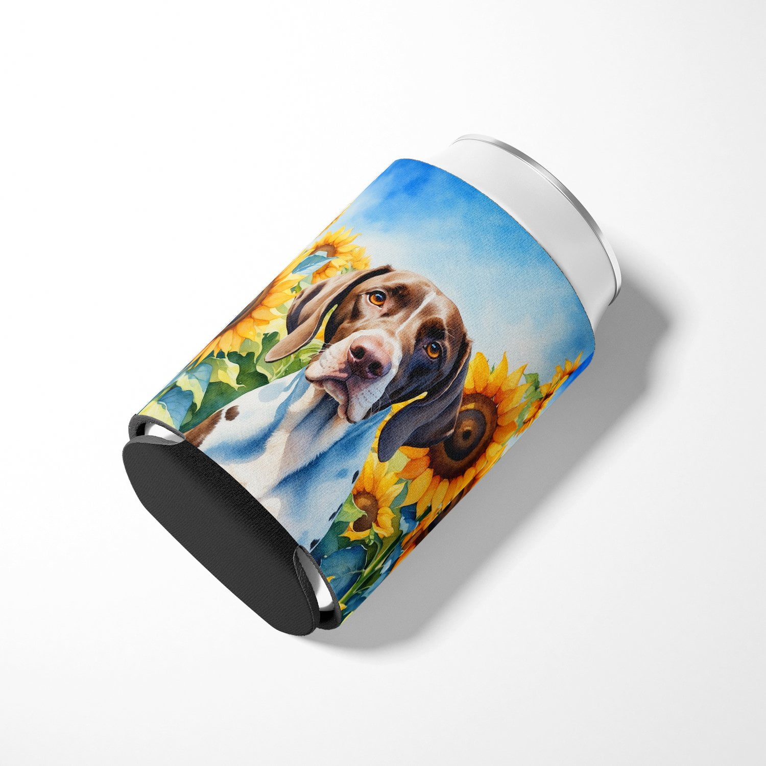 Pointer in Sunflowers Can or Bottle Hugger 3 in x 5 in