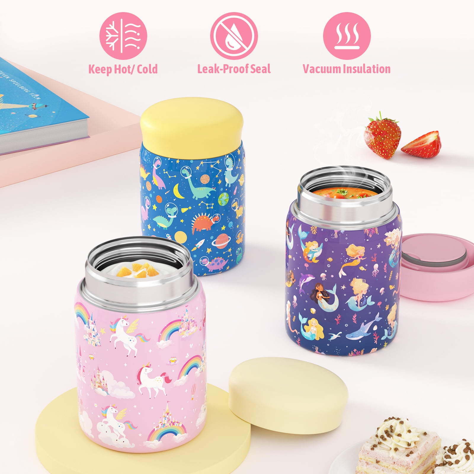 TeSabMi Bento Lunch Box for Kids Insulated Bento Box with Leak Proof Thermos Food Jar Pink Unicorn