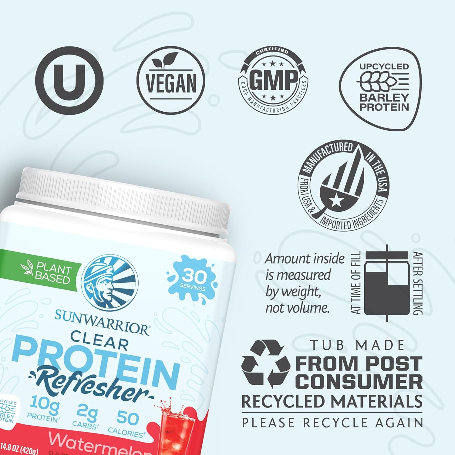 Sunwarrior Vegan Hydration Clear Protein Powder Water Mix, Watermelon, 14.8 oz