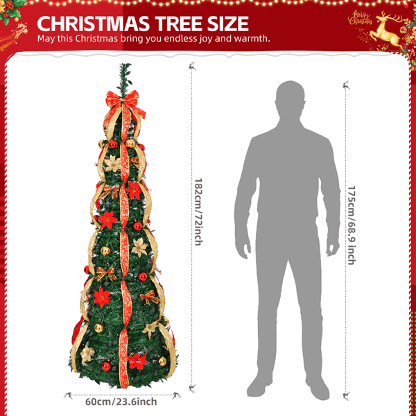 Alvantor 6 ft Fully Decorated Pre-Lit Pop-Up Christmas Tree with 150 Warm White LEDs, 8 Light Modes, Red and Gold Ornaments