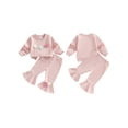 thumbnail image 2 of Loicainy Toddler Baby Girl Spring Fall Outfit 6 12 18 24 Months 2T 3T 4T Long Sleeve Crew Neck 3D Crochet Flower Decor Sweatshirt and Bell Bottom Pants Clothes Set, 2 of 9