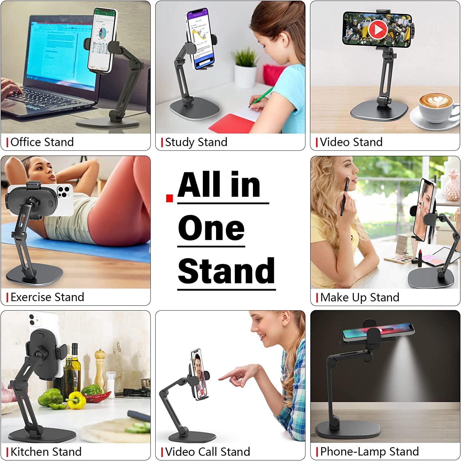Phone Stand for Desk [No Dropping Stable Triple-Clamp Holder] Adjustable Height 360 Degree Rotation Heavy Base Thick Case Friendly, Multifunctional Cell Phones Stand for iPhone Android Phones